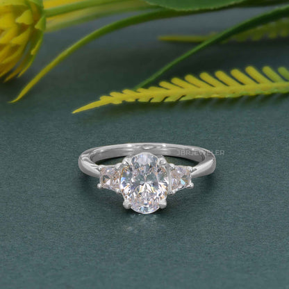 Three Stone Oval Cut Moissanite Diamond Engagement Ring With Side Trapezoid