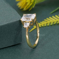 Three Stone Radiant Lab Diamond Engagement Ring With Side Trapezoid