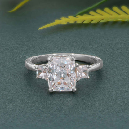 Three Stone Radiant Moissanite Diamond Engagement Ring With Side Trapezoid