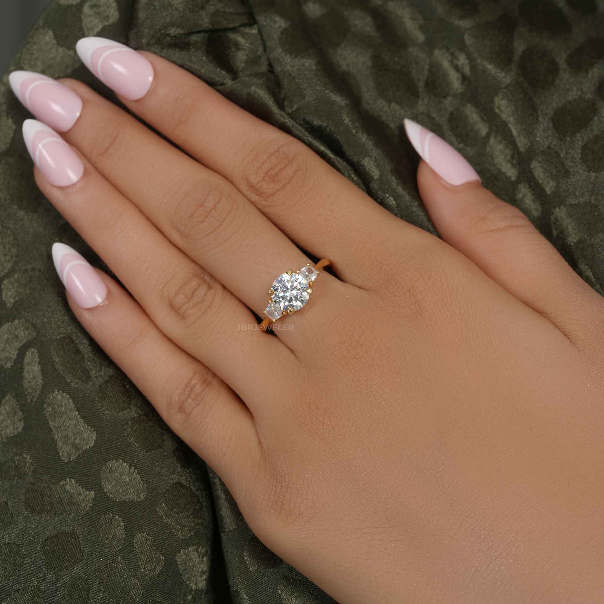 Three Stone Round Moissanite Diamond Engagement Ring With Side Trapezoid - JBR Jeweler