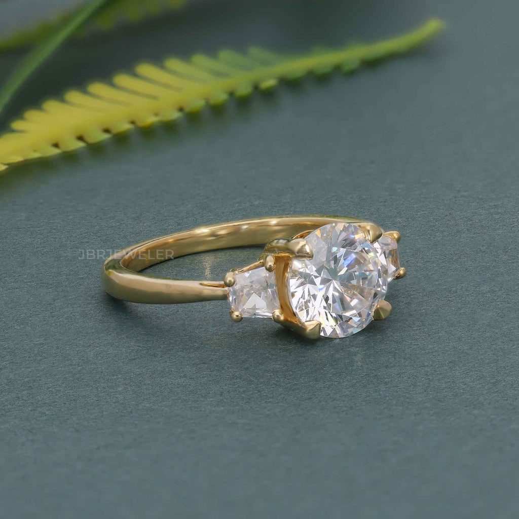 Three Stone Round Moissanite Diamond Engagement Ring With Side Trapezoid - JBR Jeweler