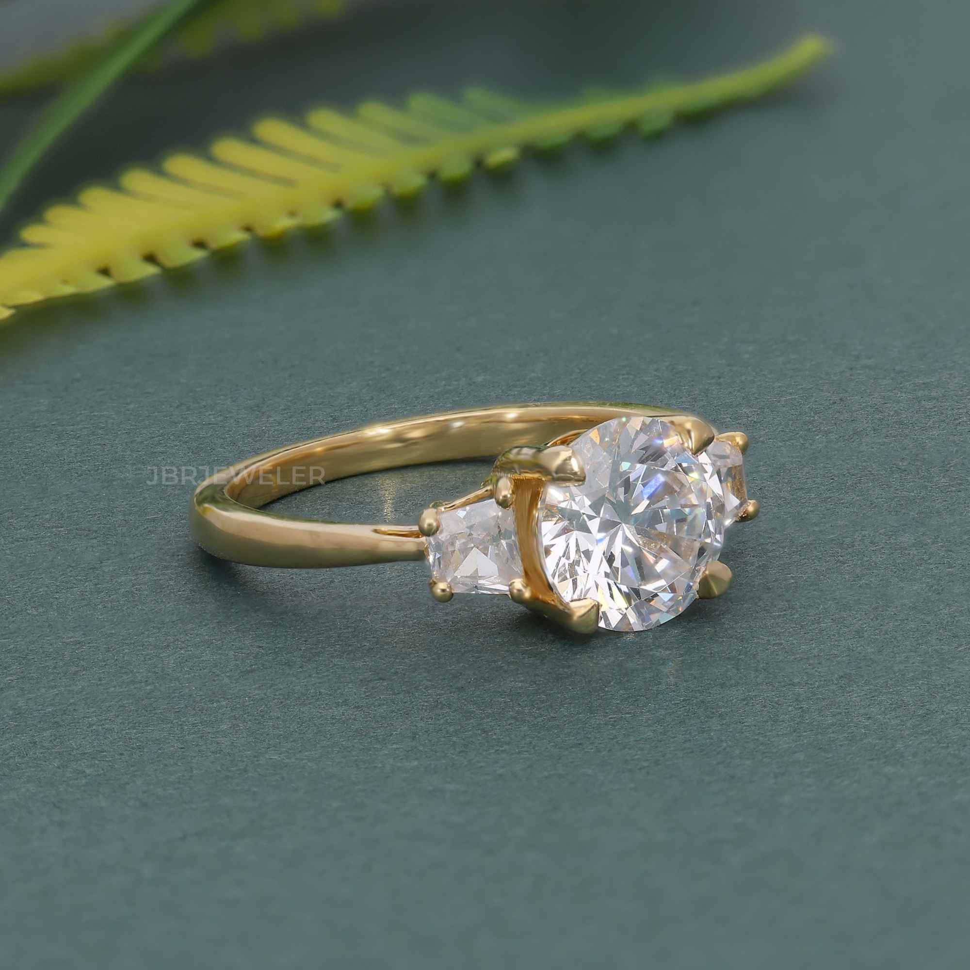 Three Stone Round Moissanite Diamond Engagement Ring With Side Trapezoid - JBR Jeweler