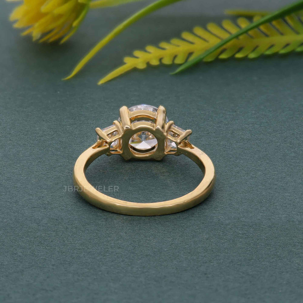 Three Stone Round Moissanite Diamond Engagement Ring With Side Trapezoid - JBR Jeweler