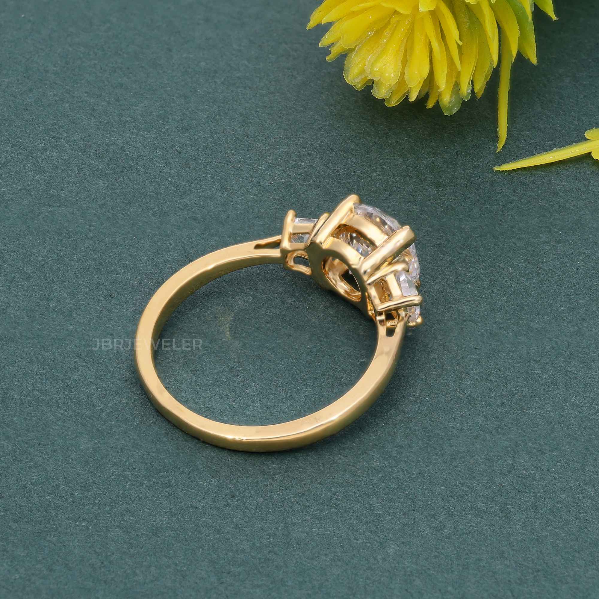 Three Stone Round Moissanite Diamond Engagement Ring With Side Trapezoid - JBR Jeweler