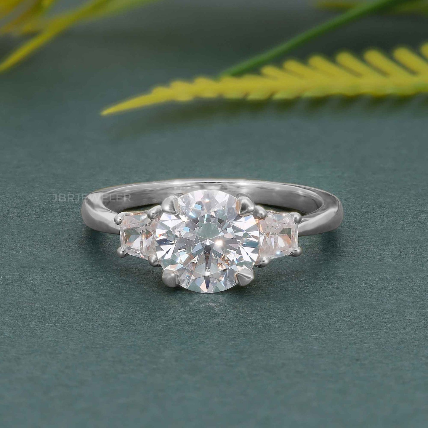 Three Stone Round Moissanite Diamond Engagement Ring With Side Trapezoid