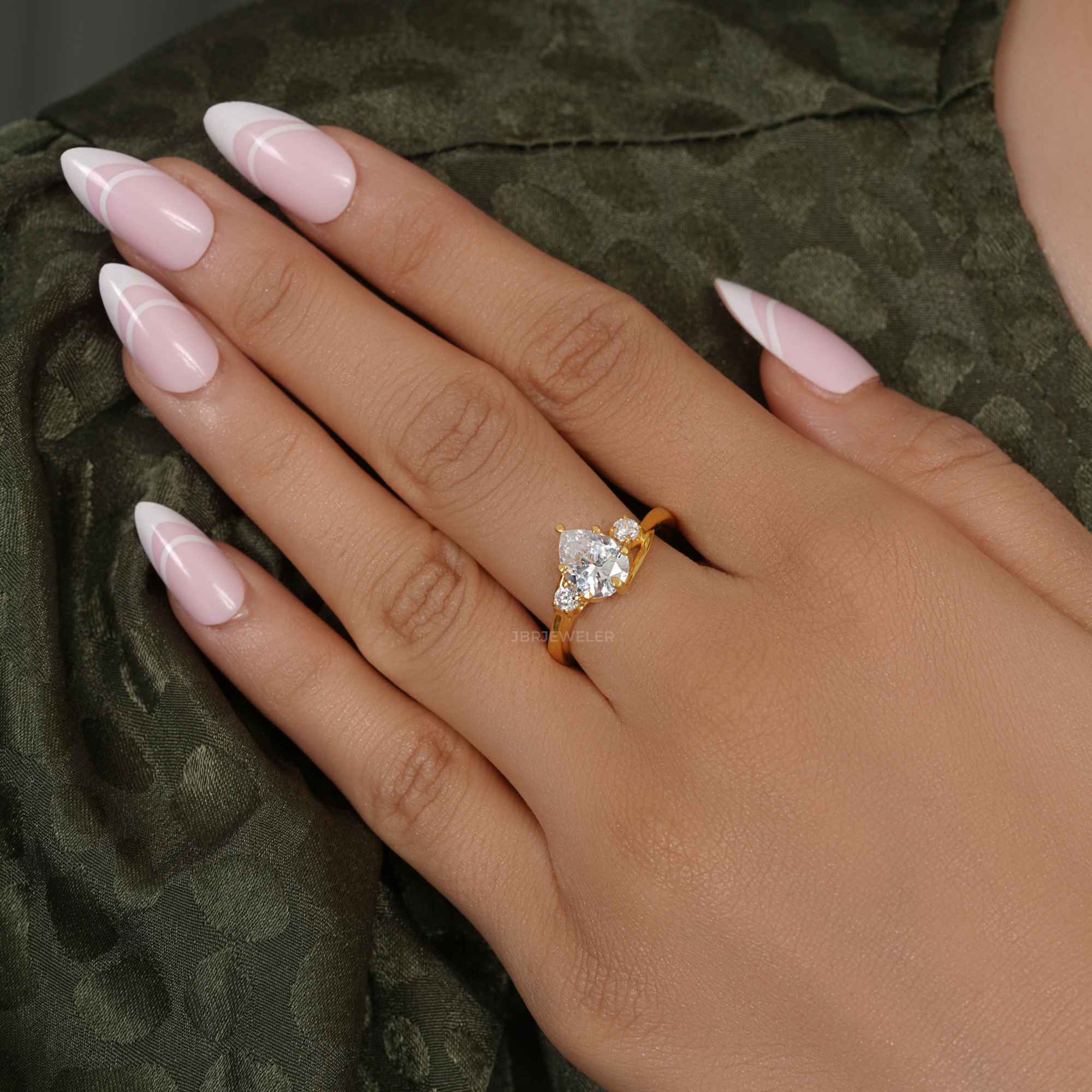 Trellis Three Stone Pear Cut CVD Diamond Ring - JBR Jeweler