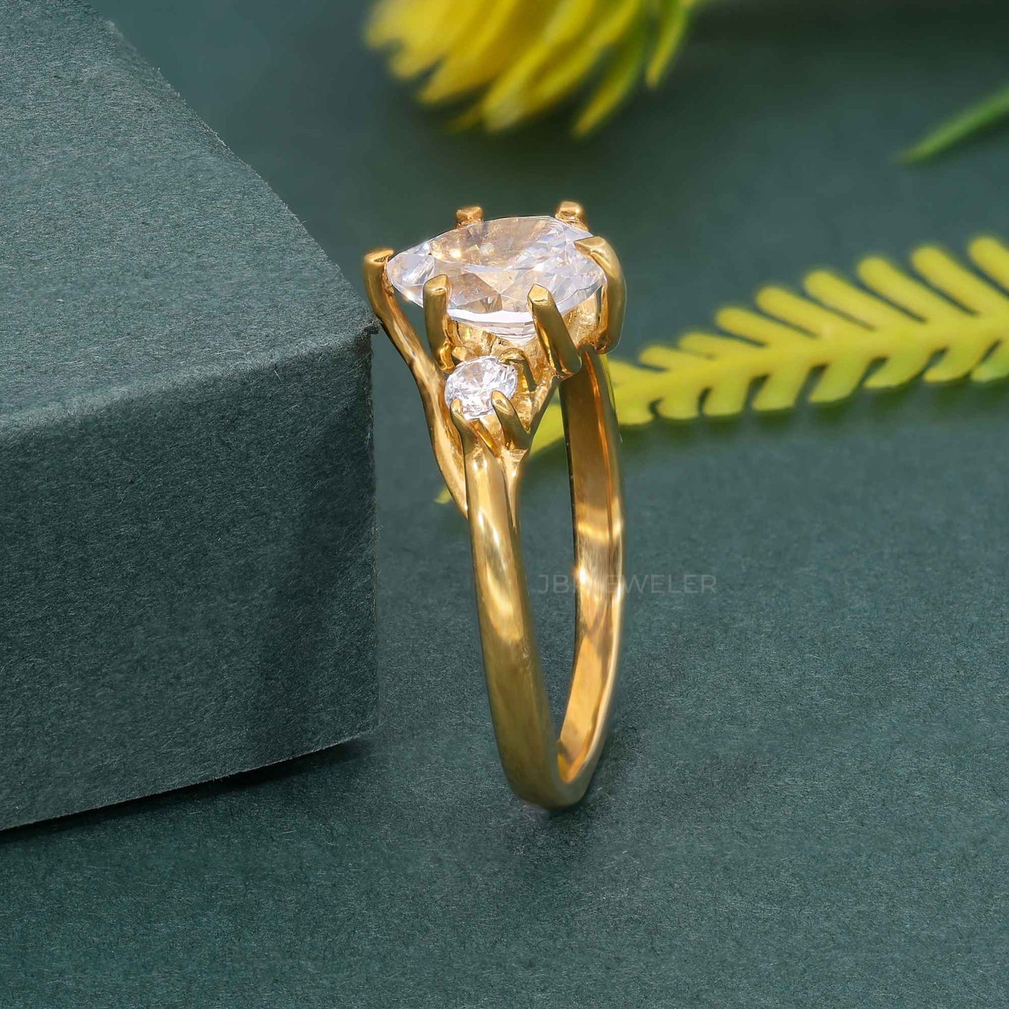 Trellis Three Stone Pear Cut Moissanite Diamond Ring