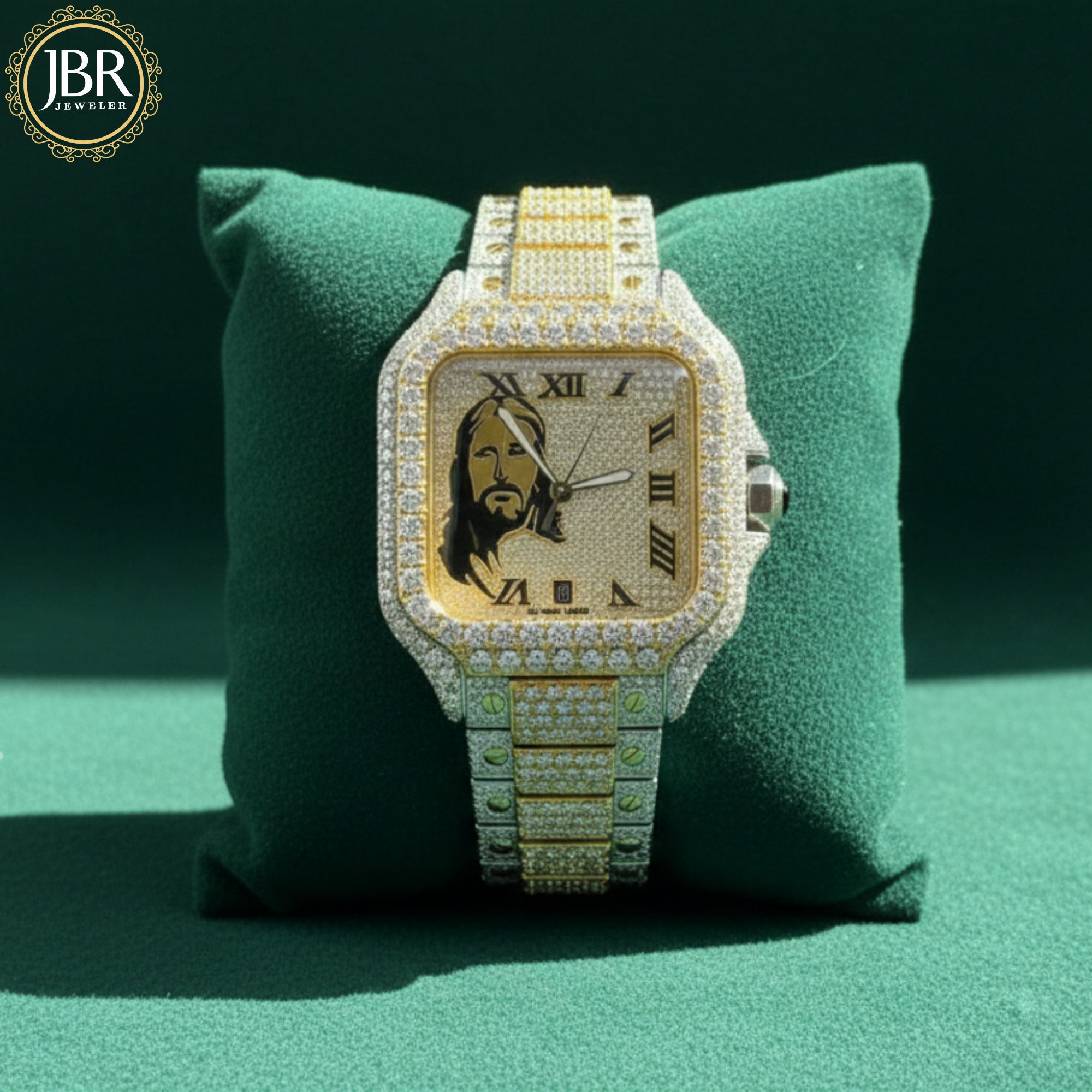 Trendy Jesus Face Fully Bust Down Moissanite Two Tone Wrist Watch