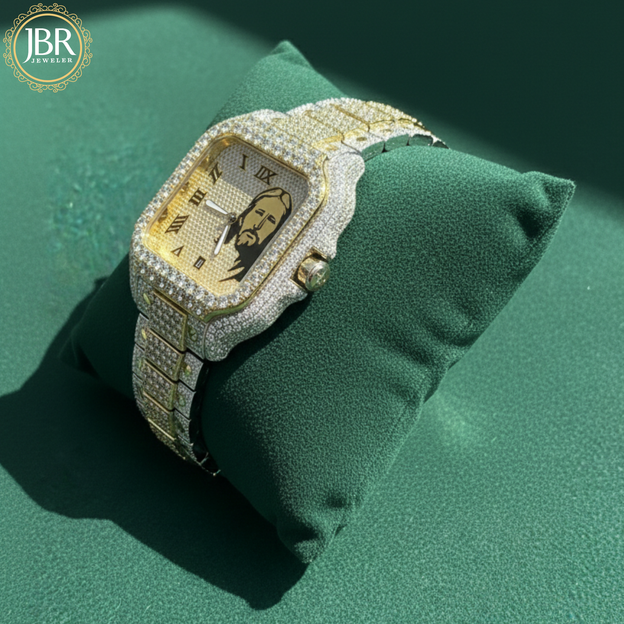 Trendy Jesus Face Fully Bust Down Moissanite Two Tone Wrist Watch