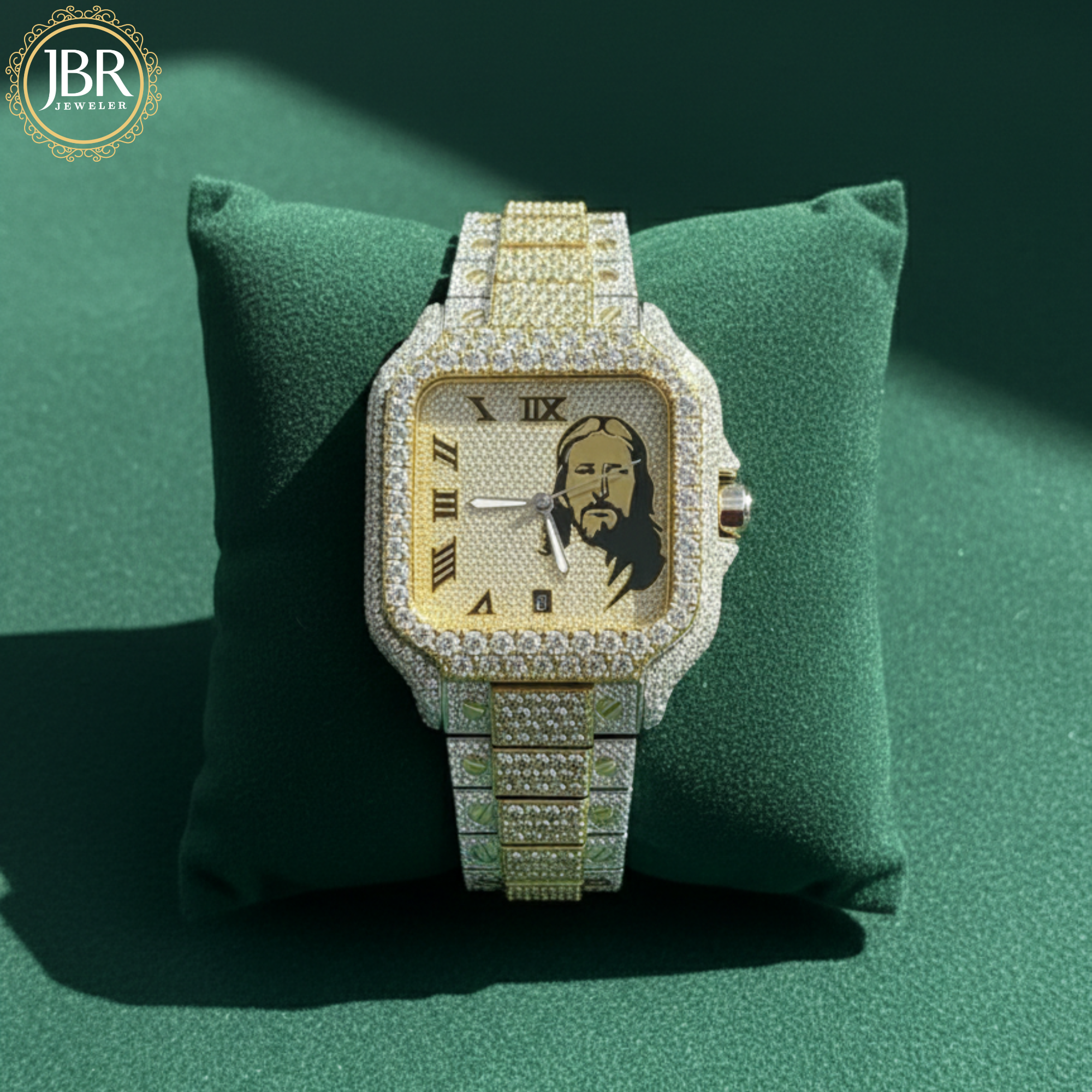 Trendy Jesus Face Fully Bust Down Moissanite Two Tone Wrist Watch