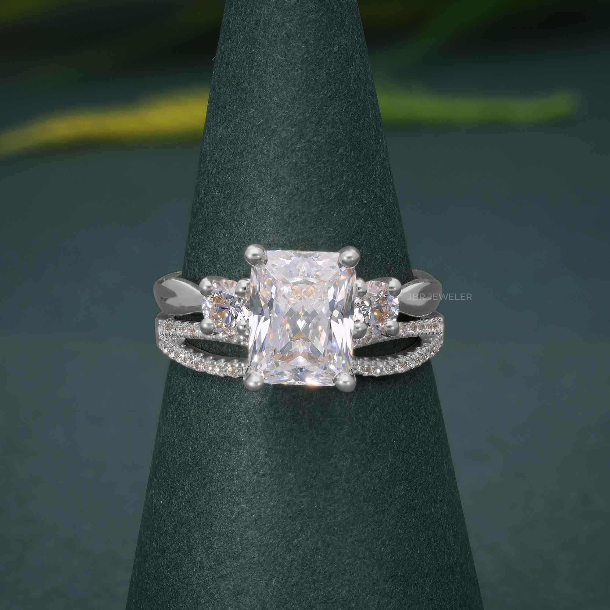 Twisted 3 Stone Radiant Moissanite Diamond Bridal Ring Sets - JBR Jeweler