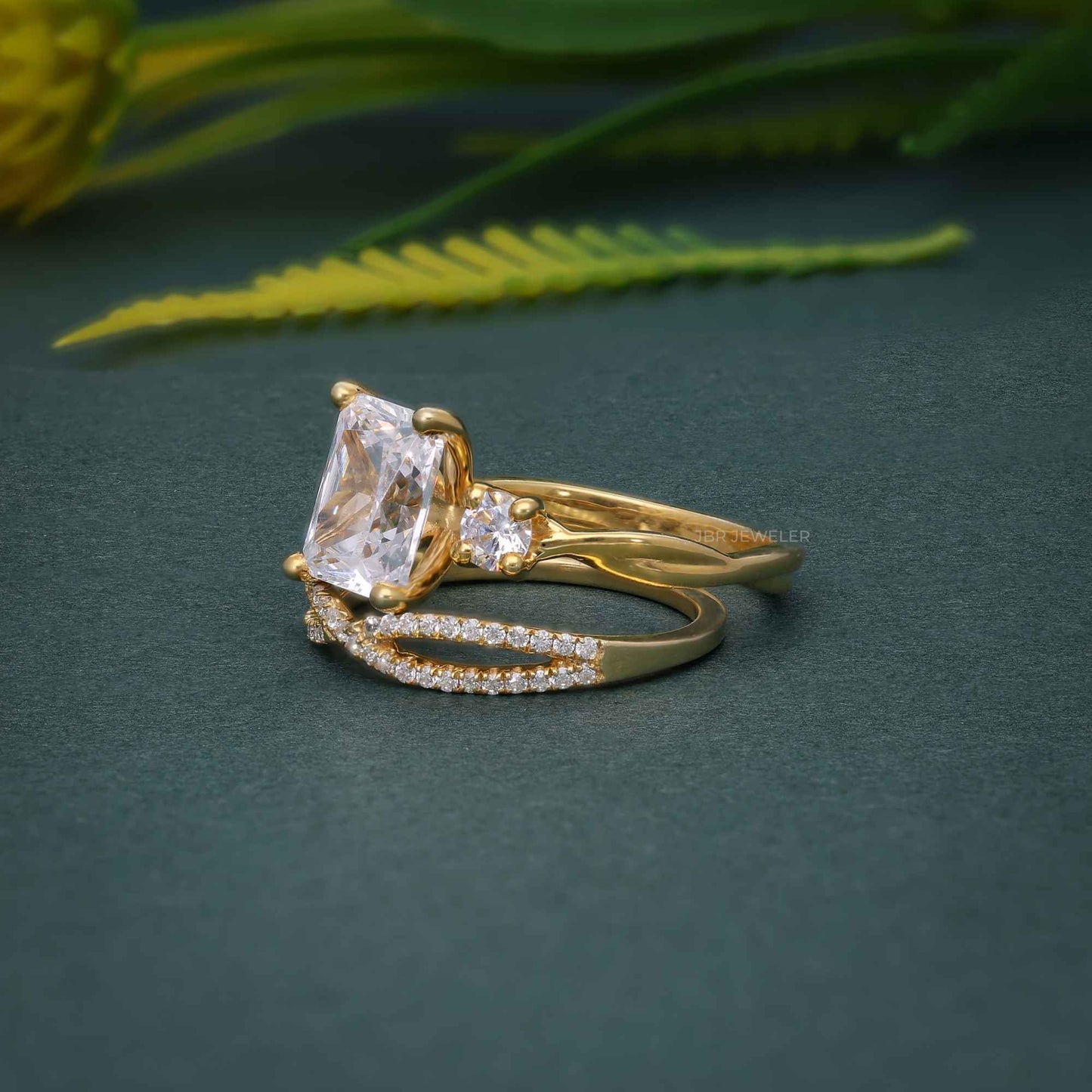Twisted 3 Stone Radiant Lab Diamond Bridal Ring Sets
