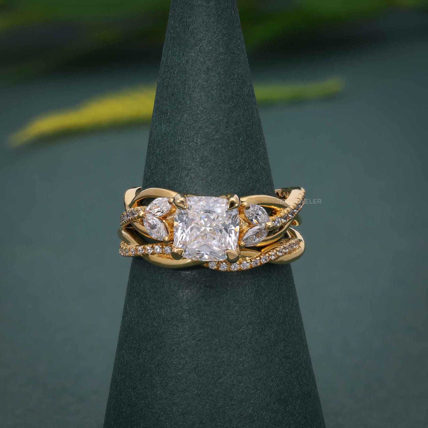 Twisted Cushion Cut Moissanite Diamond Bridal Set Ring With Matching Band