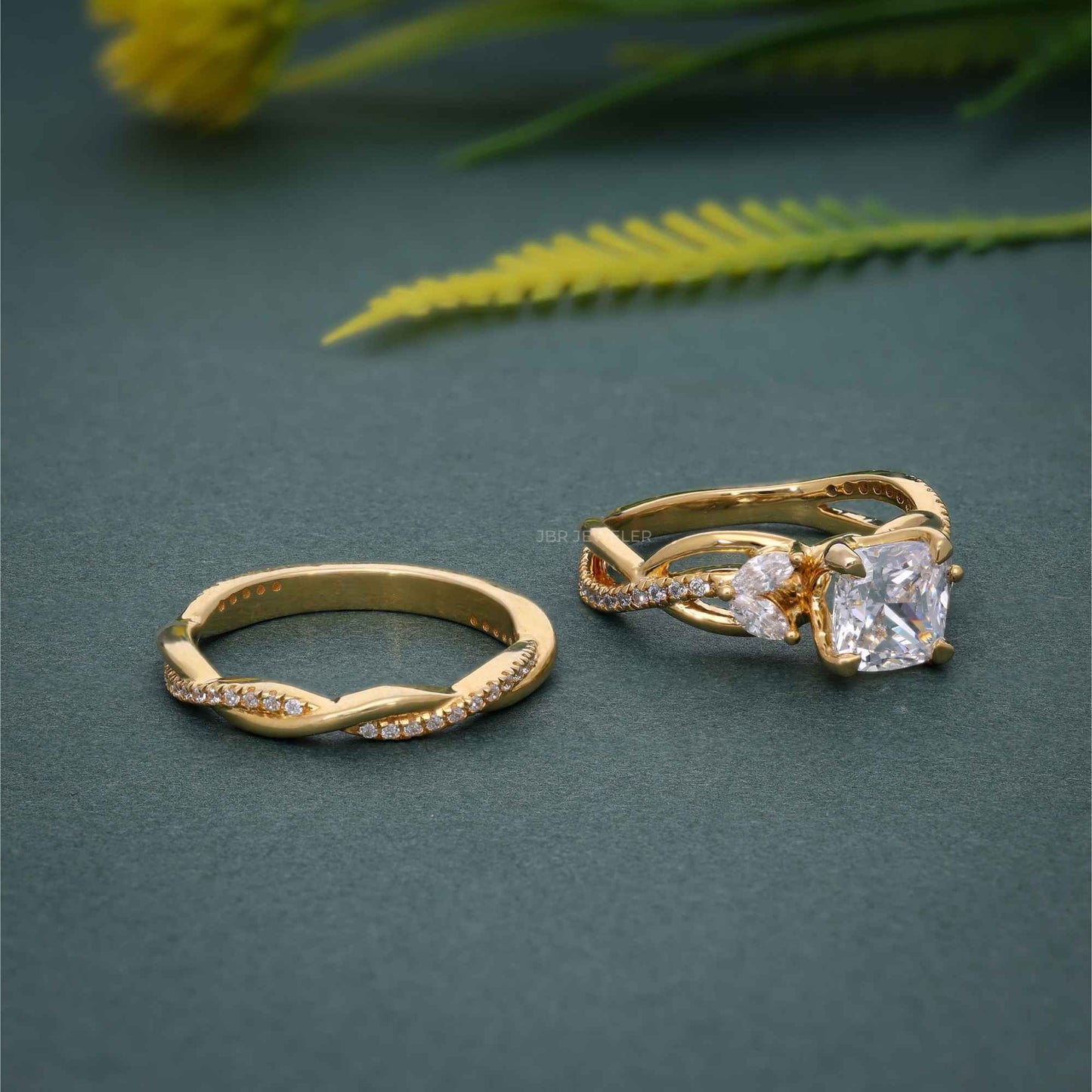 Twisted Cushion Cut Lab Diamond Bridal Set Ring With Matching Band