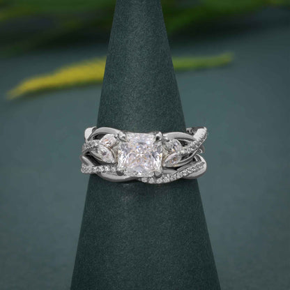 Twisted Cushion Cut Moissanite Diamond Bridal Set Ring With Matching Band