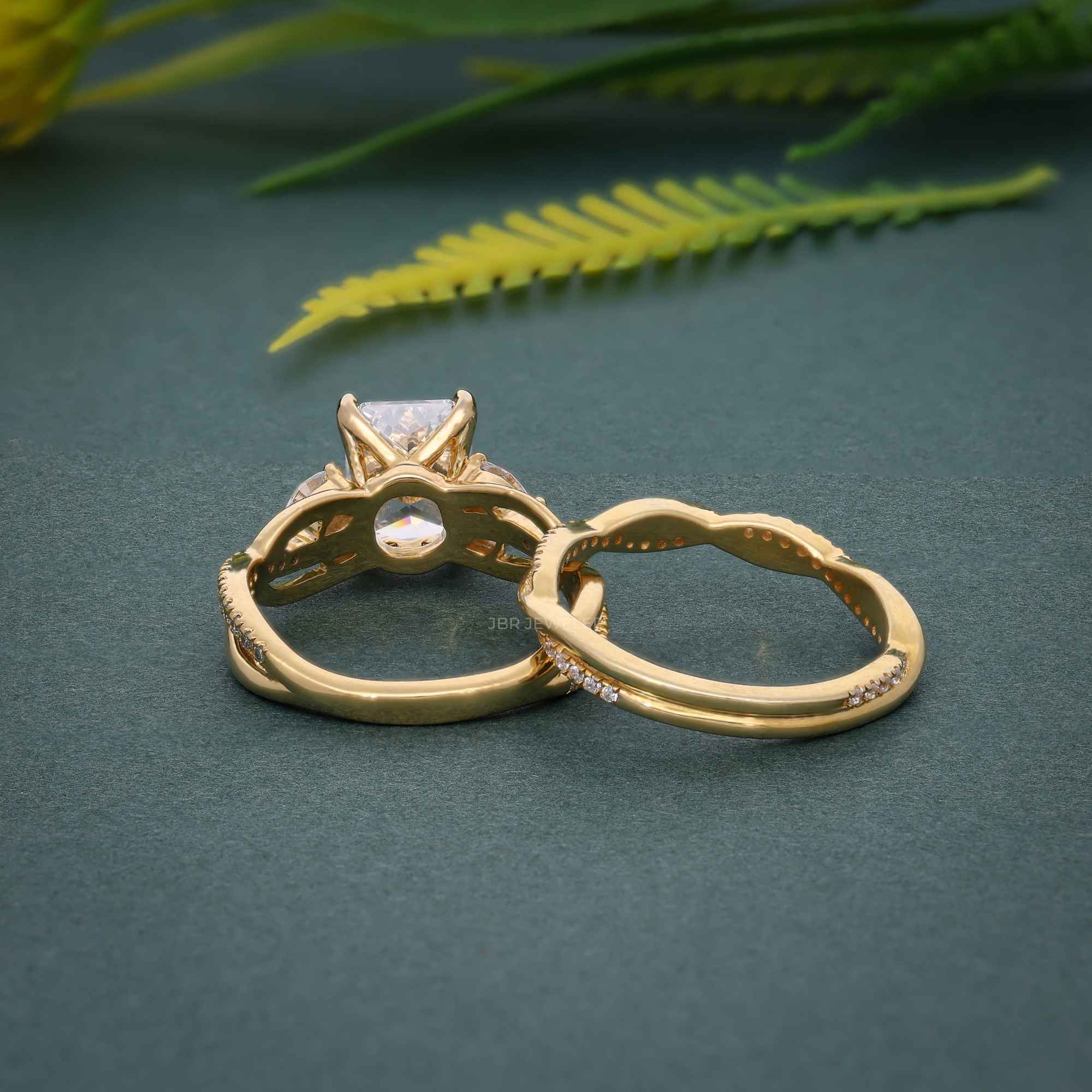 Twisted Radiant Cut Certified Moissanite Diamond Ring With Matching Bridal Set - JBR Jeweler