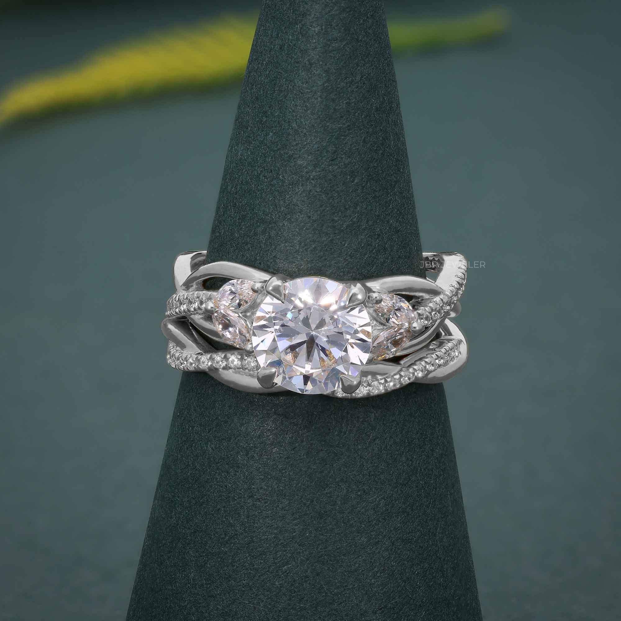 Twisted Round Moissanite Diamond Bridal Ring With Matching Band - JBR Jeweler