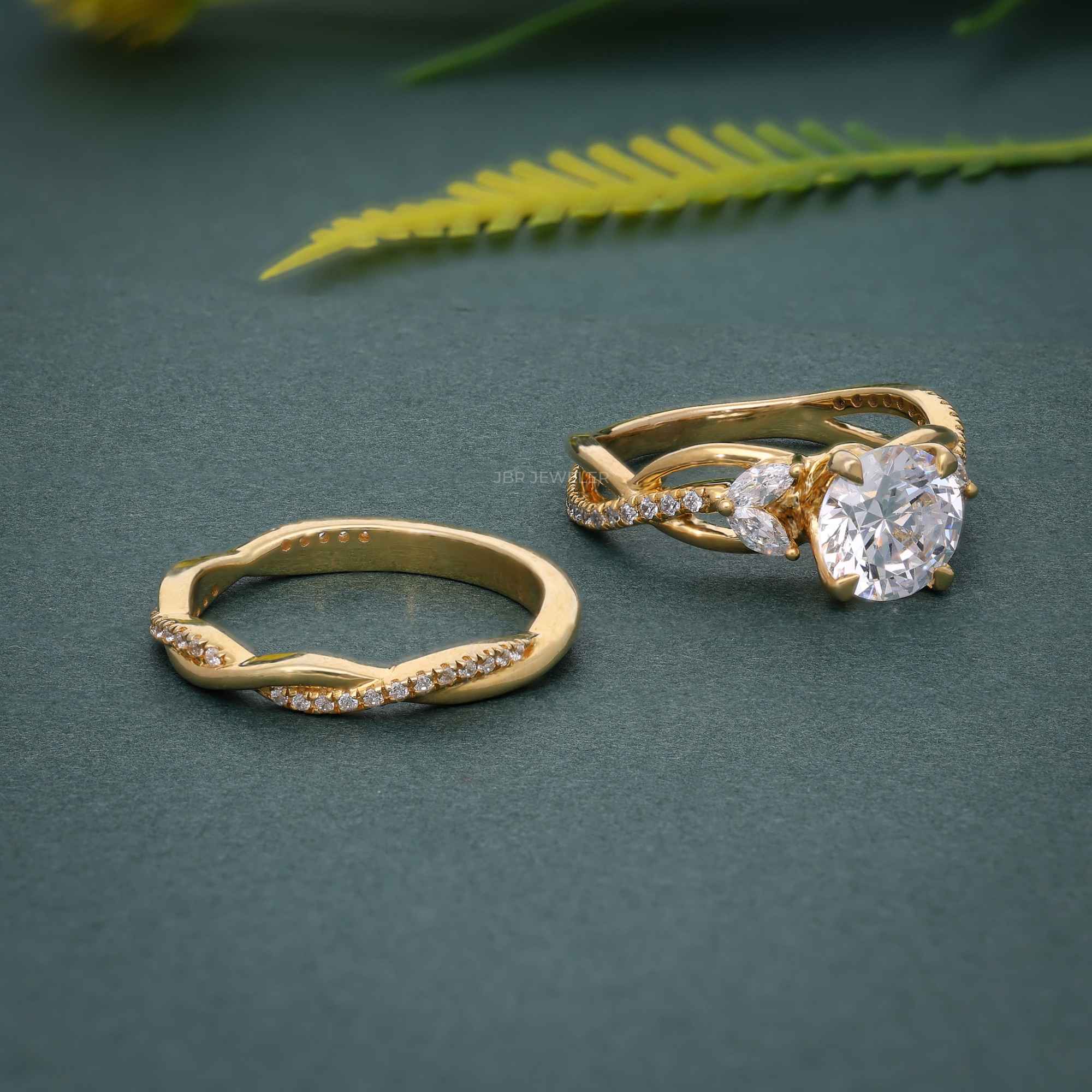 Twisted Round Moissanite Diamond Bridal Ring With Matching Band - JBR Jeweler