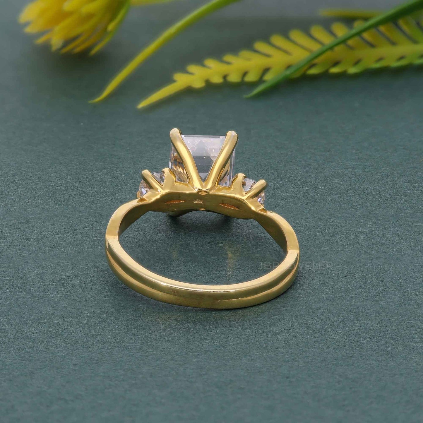 Twisted Vine Three Stone Emerald Lab Grown Diamond Engagement Ring