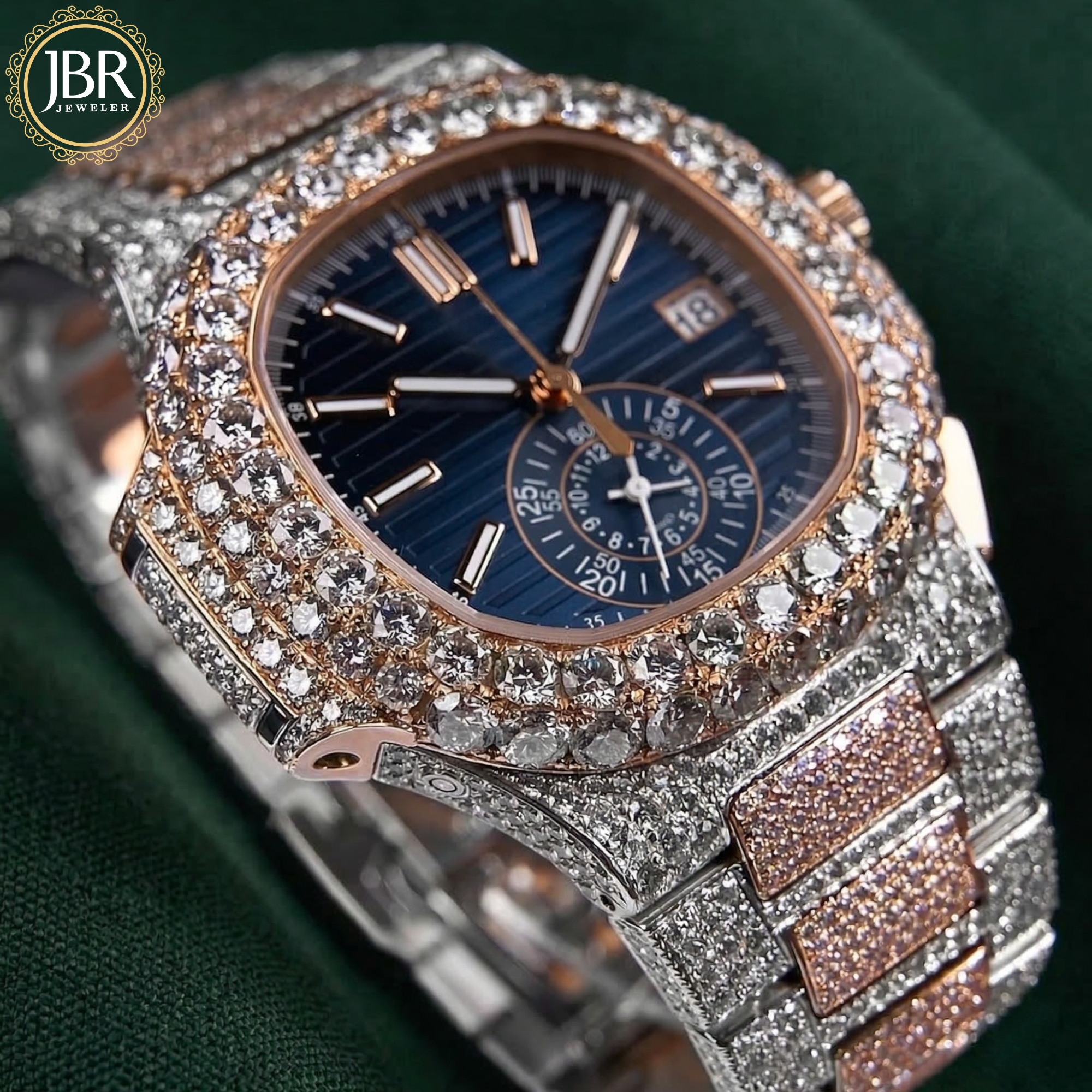 
Two Tone Blue Dial Rose Gold Tone Moissanite Watch Luxury Diamond Style Watch