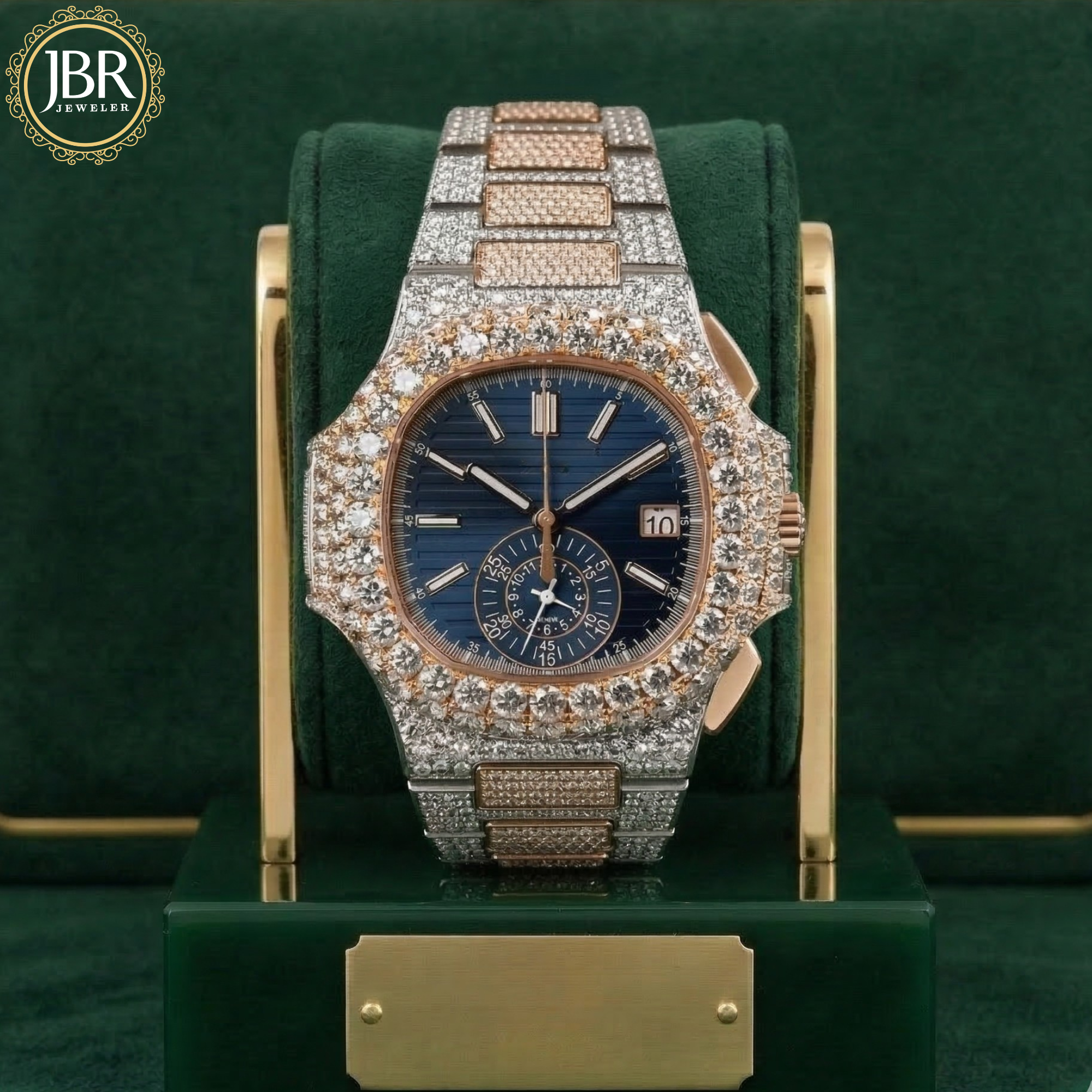 
Two Tone Blue Dial Rose Gold Tone Moissanite Watch Luxury Diamond Style Watch