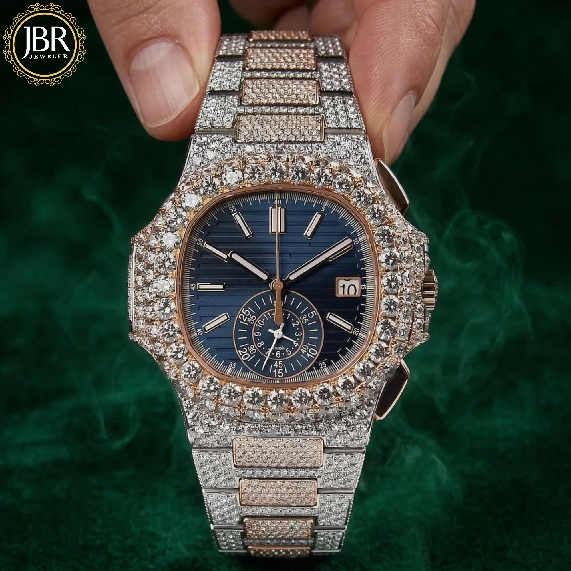 
Two Tone Blue Dial Rose Gold Tone Moissanite Watch Luxury Diamond Style Watch