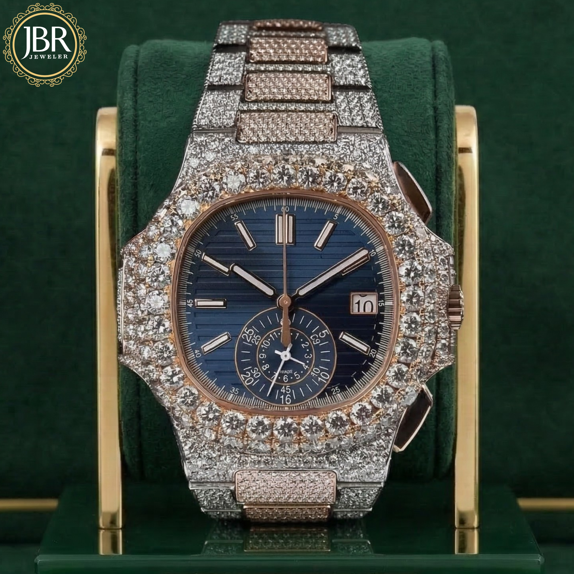 
Two Tone Blue Dial Rose Gold Tone Moissanite Watch Luxury Diamond Style Watch