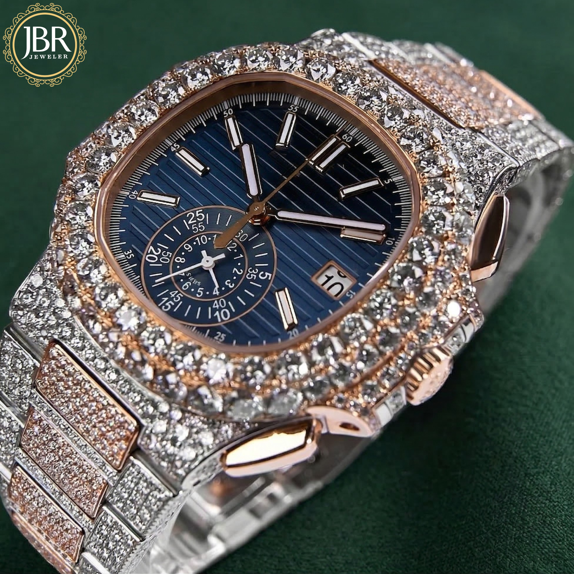 
Two Tone Blue Dial Rose Gold Tone Moissanite Watch Luxury Diamond Style Watch