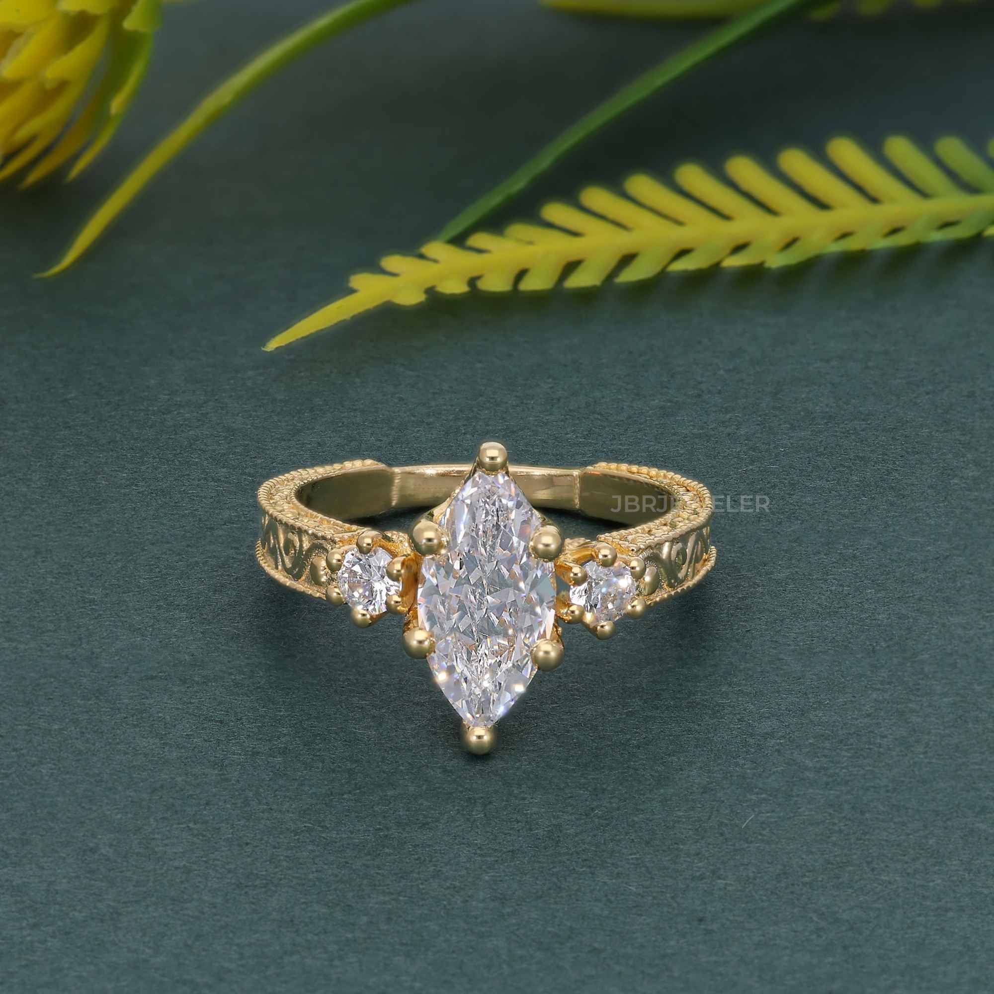 Vintage Three Stone Marquise Lab Grown Diamond Engagement Ring