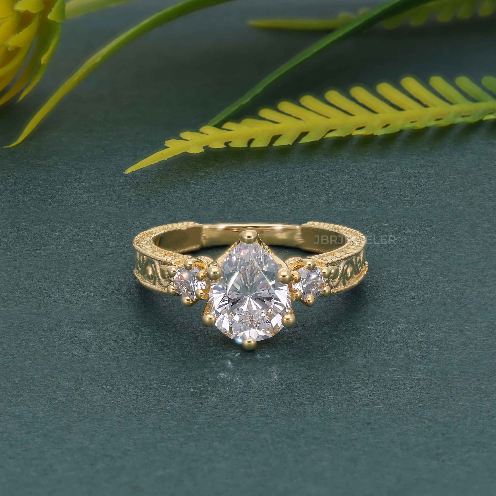 Vintage Three Stone Pear Lab Grown Diamond Engagement Ring - JBR Jeweler