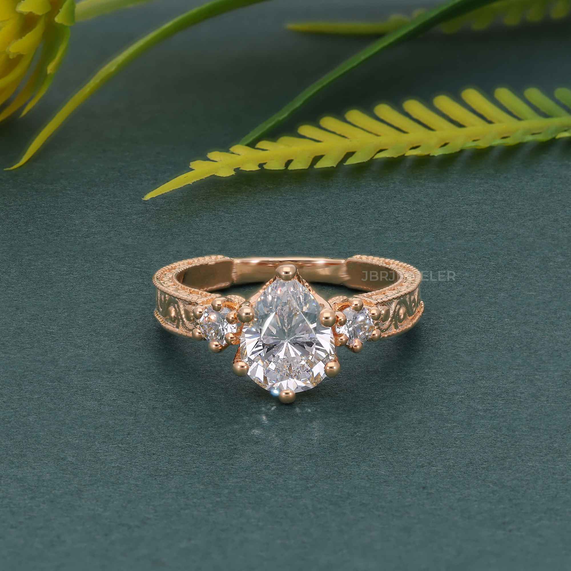 Vintage Three Stone Pear Lab Grown Diamond Engagement Ring - JBR Jeweler
