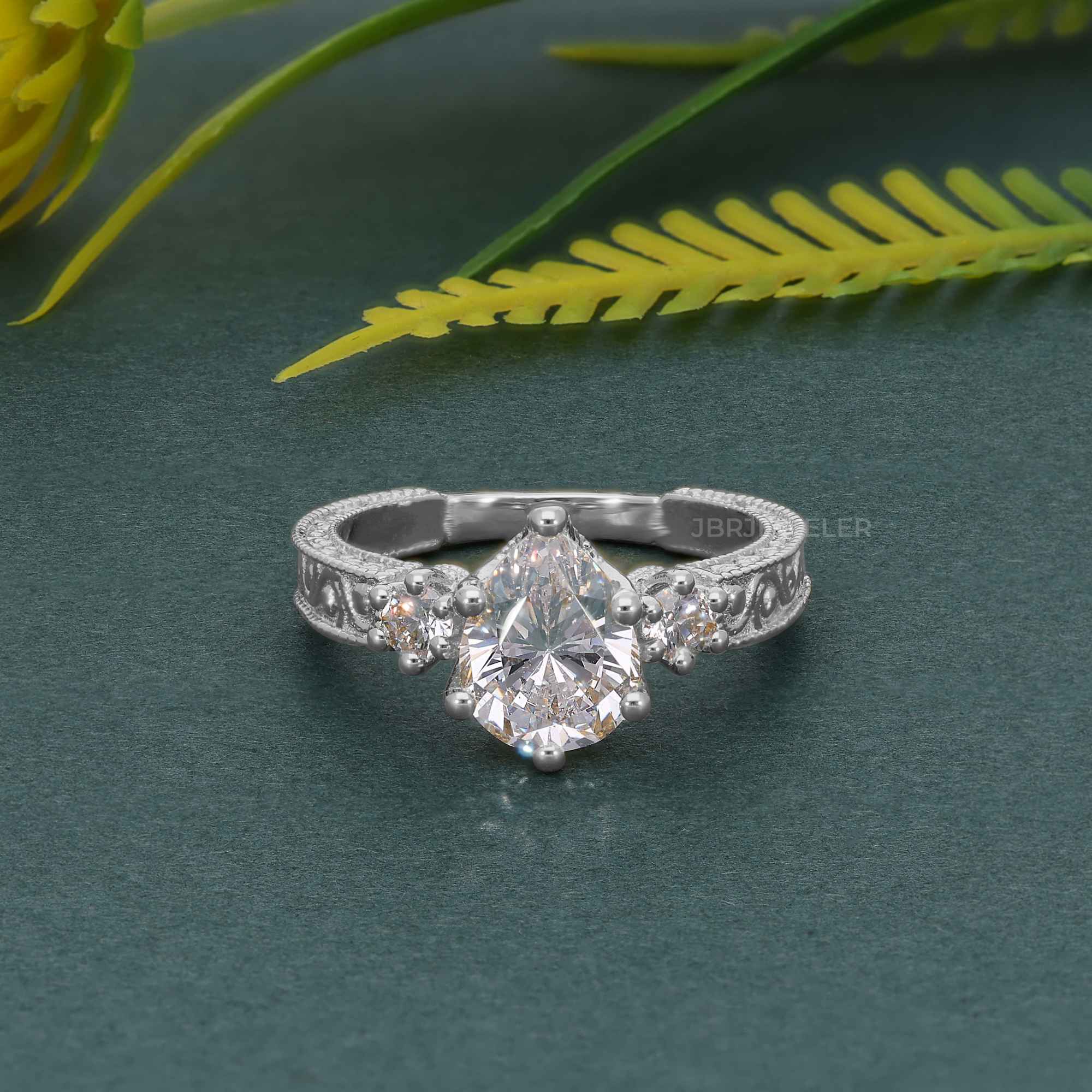 Vintage Three Stone Pear Lab Grown Diamond Engagement Ring - JBR Jeweler