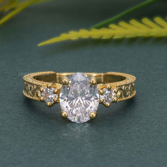Vintage Three Stone Round Oval Lab Grown Diamond Engagement Ring