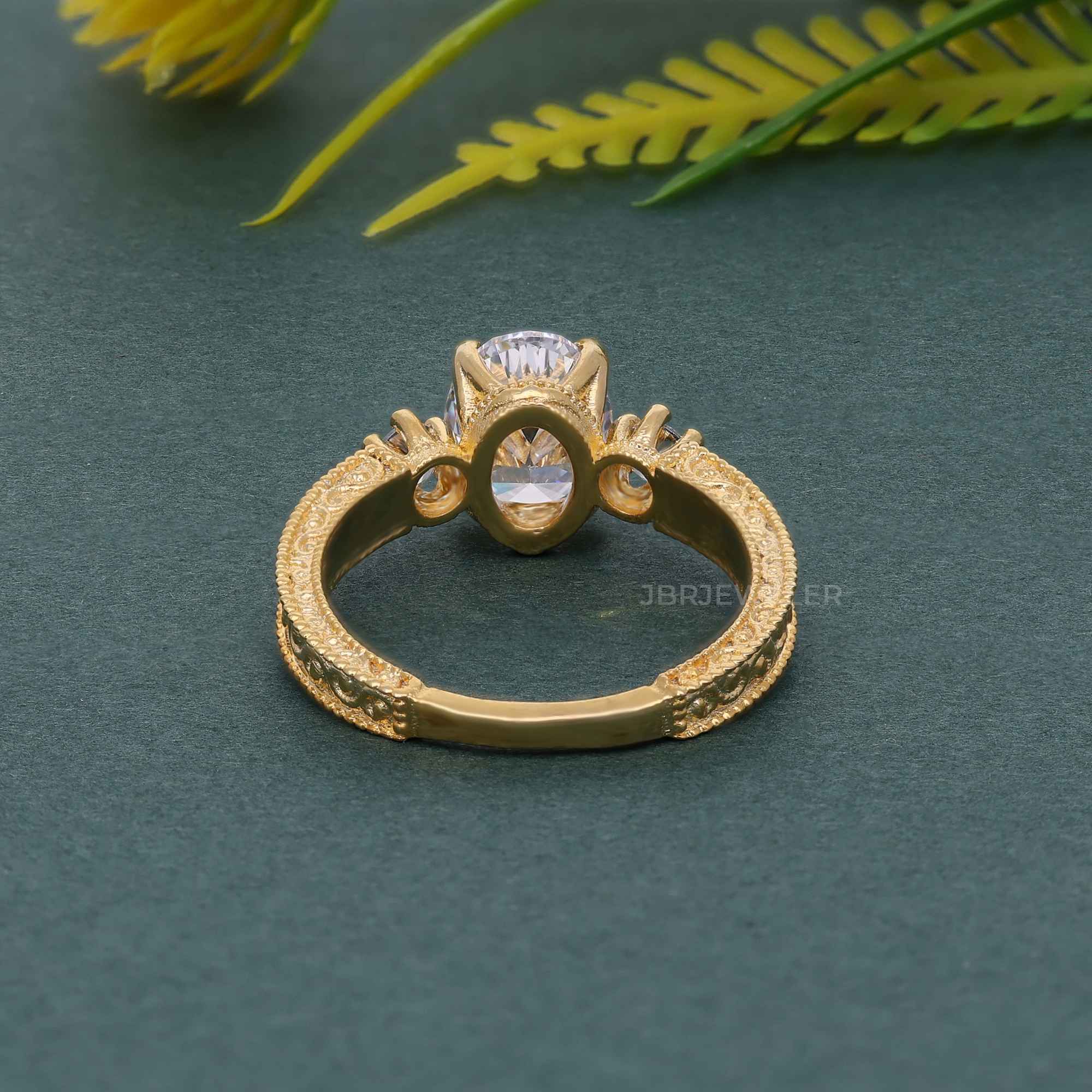 Vintage Three Stone Round Oval Moissanite Diamond Engagement Ring - JBR Jeweler