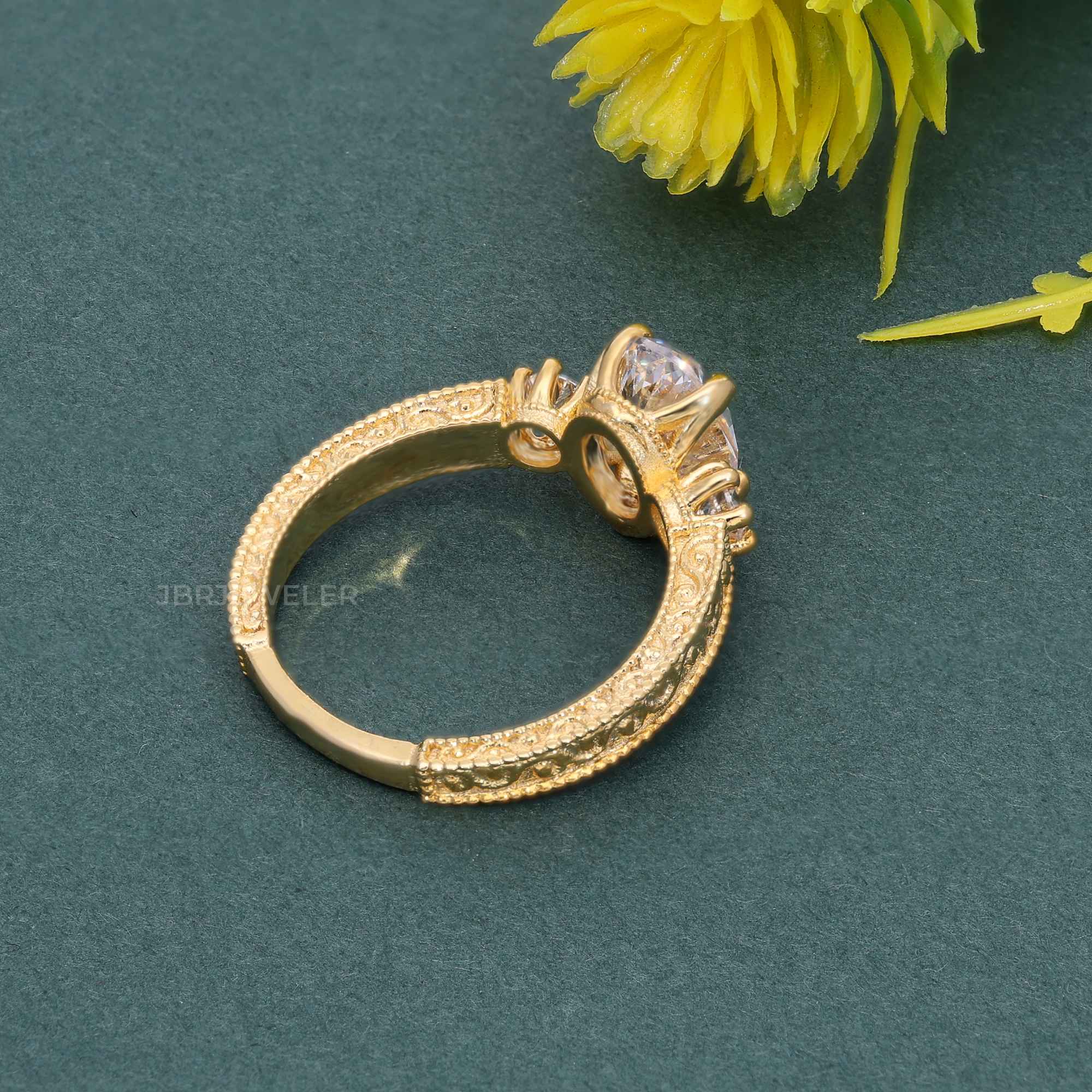 Vintage Three Stone Round Oval Moissanite Diamond Engagement Ring - JBR Jeweler