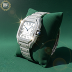 Black and white bicolor zebra print moissanite bust down watch, fully iced with sparkling stones on the bezel, dial, and band, showcasing bold striped accents and a high-polish luxury finish.