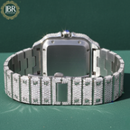 Black and white bicolor zebra print moissanite bust down watch, fully iced with sparkling stones on the bezel, dial, and band, showcasing bold striped accents and a high-polish luxury finish.