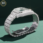 Black and white bicolor zebra print moissanite bust down watch, fully iced with sparkling stones on the bezel, dial, and band, showcasing bold striped accents and a high-polish luxury finish.