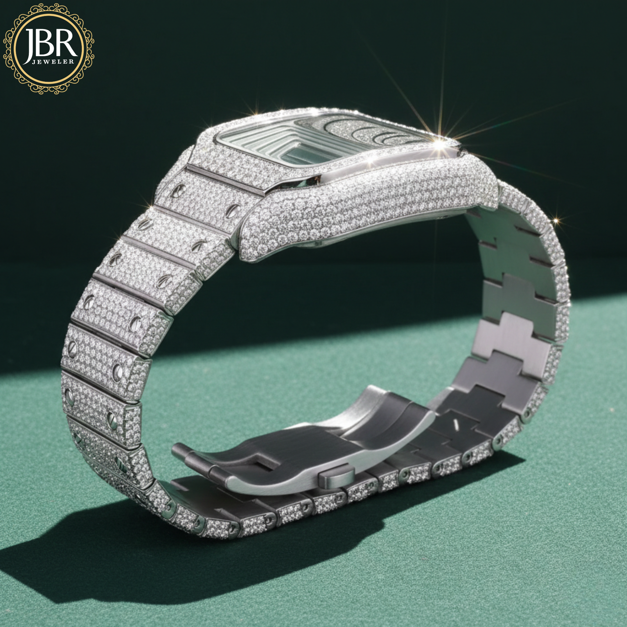 Black and white bicolor zebra print moissanite bust down watch, fully iced with sparkling stones on the bezel, dial, and band, showcasing bold striped accents and a high-polish luxury finish.