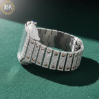 Black and white bicolor zebra print moissanite bust down watch, fully iced with sparkling stones on the bezel, dial, and band, showcasing bold striped accents and a high-polish luxury finish.