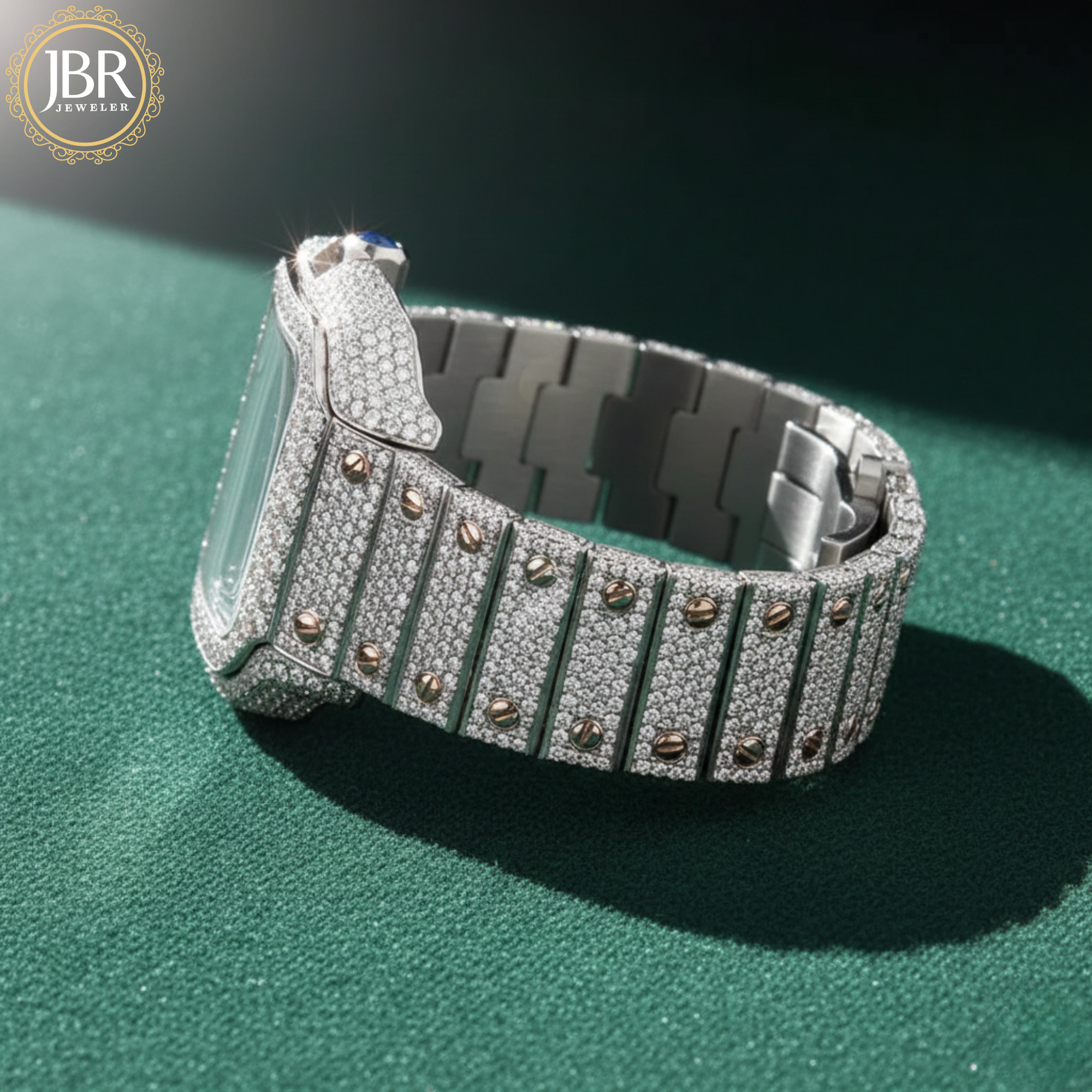 Black and white bicolor zebra print moissanite bust down watch, fully iced with sparkling stones on the bezel, dial, and band, showcasing bold striped accents and a high-polish luxury finish.