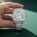 Black and white bicolor zebra print moissanite bust down watch, fully iced with sparkling stones on the bezel, dial, and band, showcasing bold striped accents and a high-polish luxury finish.