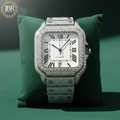 Black and white bicolor zebra print moissanite bust down watch, fully iced with sparkling stones on the bezel, dial, and band, showcasing bold striped accents and a high-polish luxury finish.