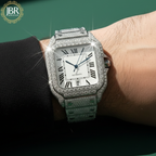 Black and white bicolor zebra print moissanite bust down watch, fully iced with sparkling stones on the bezel, dial, and band, showcasing bold striped accents and a high-polish luxury finish.