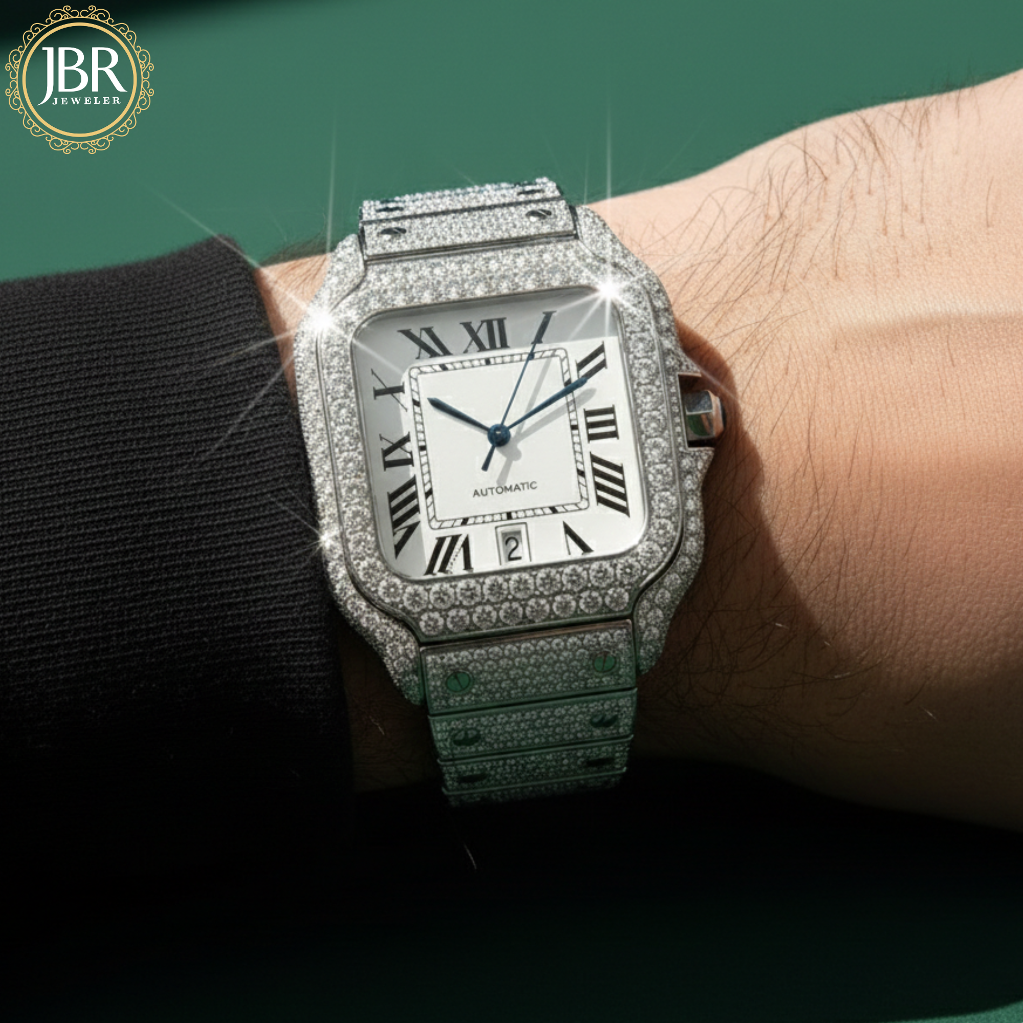 Black and white bicolor zebra print moissanite bust down watch, fully iced with sparkling stones on the bezel, dial, and band, showcasing bold striped accents and a high-polish luxury finish.