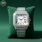 Black and white bicolor zebra print moissanite bust down watch, fully iced with sparkling stones on the bezel, dial, and band, showcasing bold striped accents and a high-polish luxury finish.