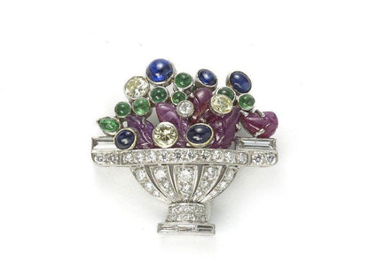 Antique French Moissanite Diamond & Gem-Set Jardiniére Art Deco Flower Basket Brooch - JBR Jeweler