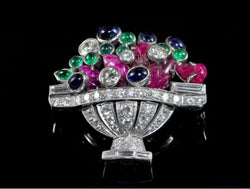 Antique French Moissanite Diamond & Gem-Set Jardiniére Art Deco Flower Basket Brooch - JBR Jeweler