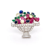 Antique French Moissanite Diamond & Gem-Set Jardiniére Art Deco Flower Basket Brooch - JBR Jeweler