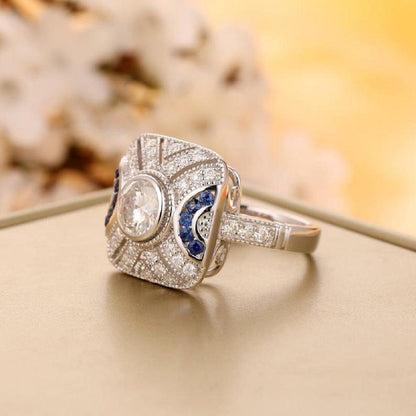 Art Deco 0.80CT Round Cut White Gold Sapphire Accents Moissanite Engagement Ring - JBR Jeweler